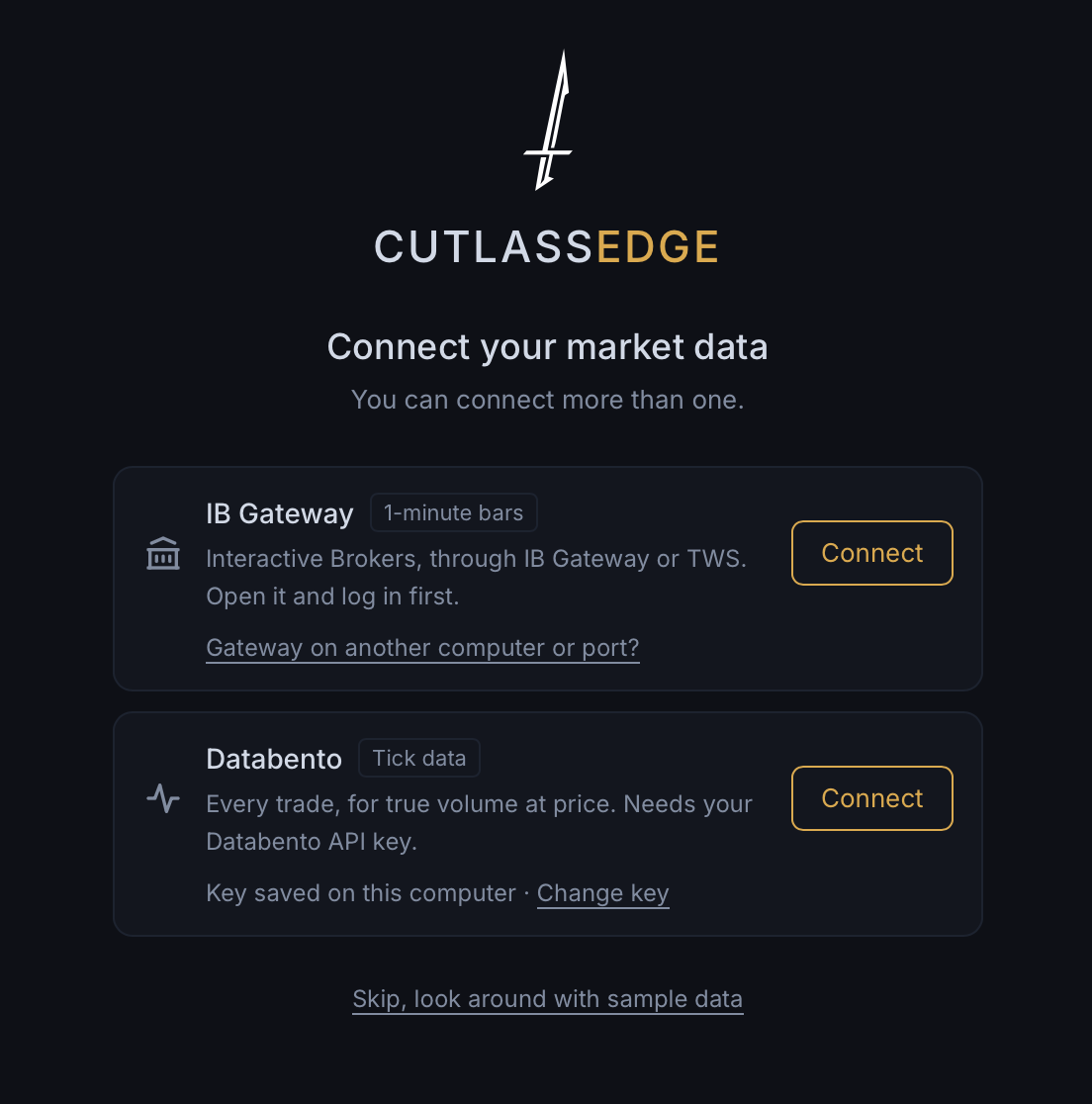 The Connect your market data screen: an IB Gateway row and a Databento row, each with a Connect button, and Skip, look around with sample data at the bottom.
