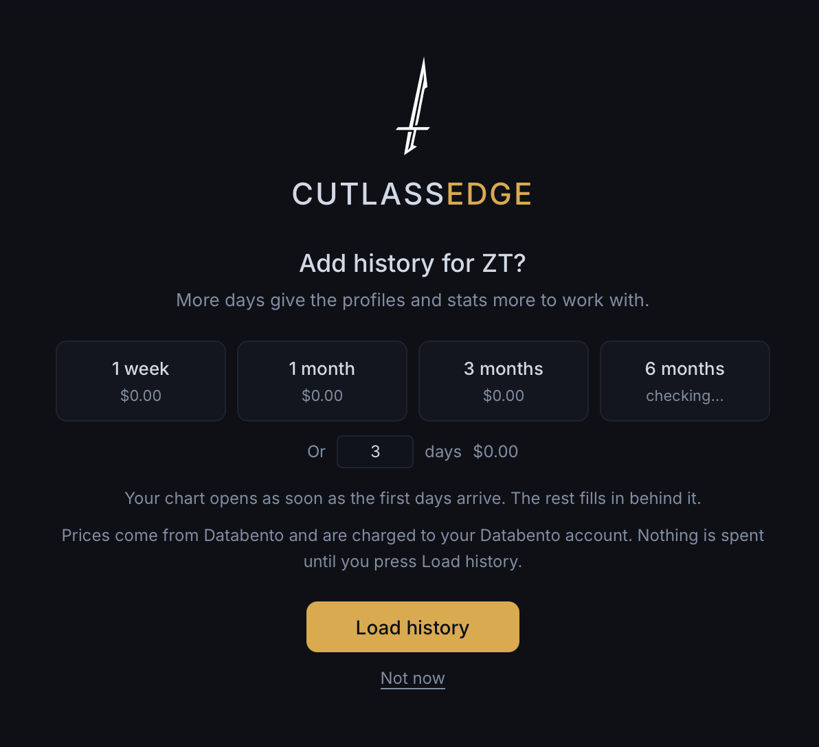 Add history for ZT? on Databento, with a price on each choice and the note: Prices come from Databento and are charged to your Databento account. Nothing is spent until you press Load history.