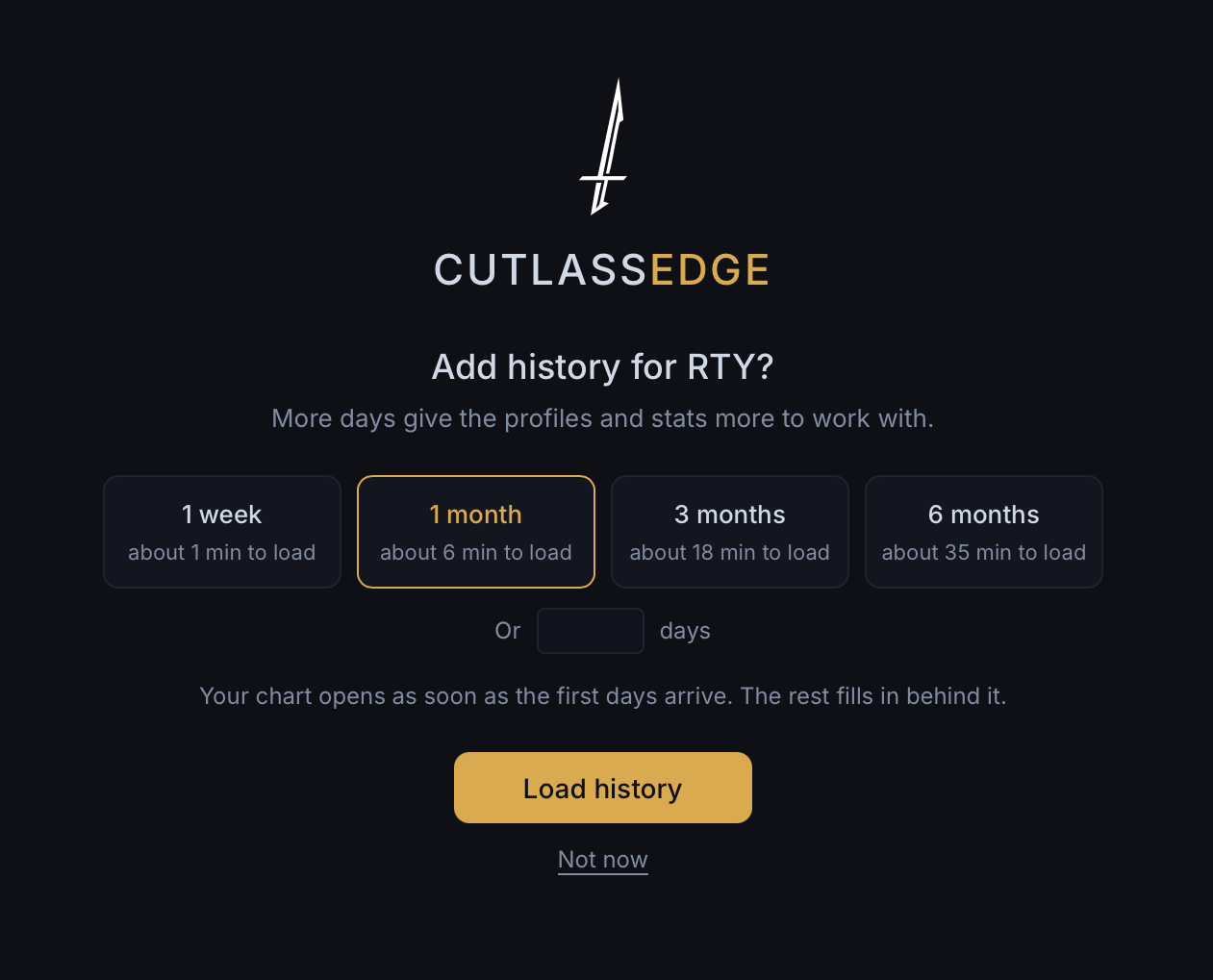 Add history for RTY? on IB: 1 week, 1 month (picked), 3 months and 6 months, each with about how long it takes to load, then Load history and Not now.