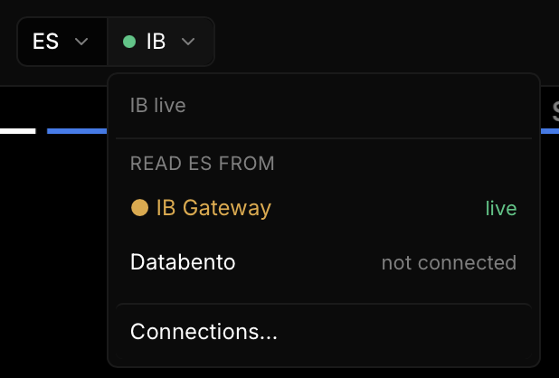 The feed menu open under ES and IB: IB live, then Read ES from, with IB Gateway live and Databento not connected, and Connections at the bottom.